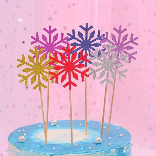 6 snowflakes on pick in cake