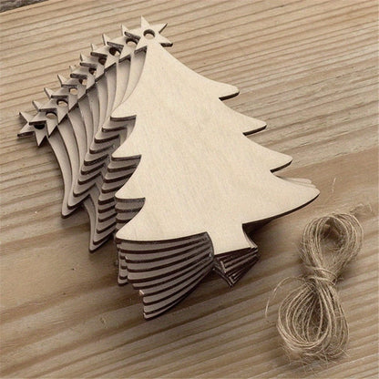 wooden christmas tree ornimates stacked up on wood board