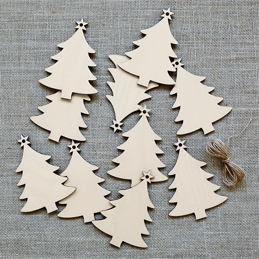 10 wooden christmas tree orniments spread out