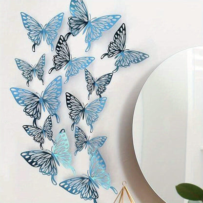 light blue butterflies on white wall