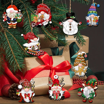 Wooden christmas gnome ornaments hanging on tree
