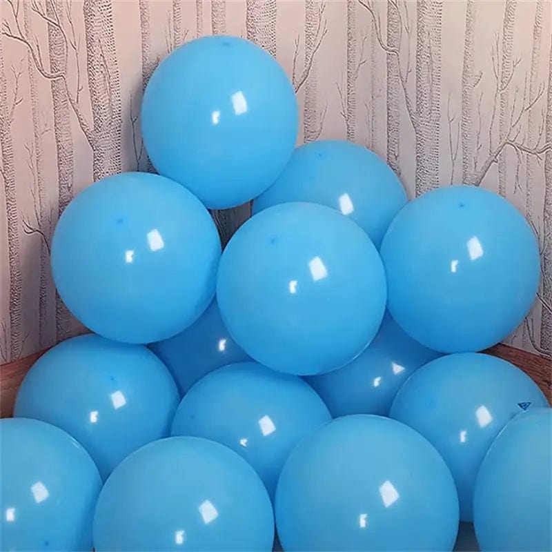 Ligh Blue 10 inch balloons in corner of room