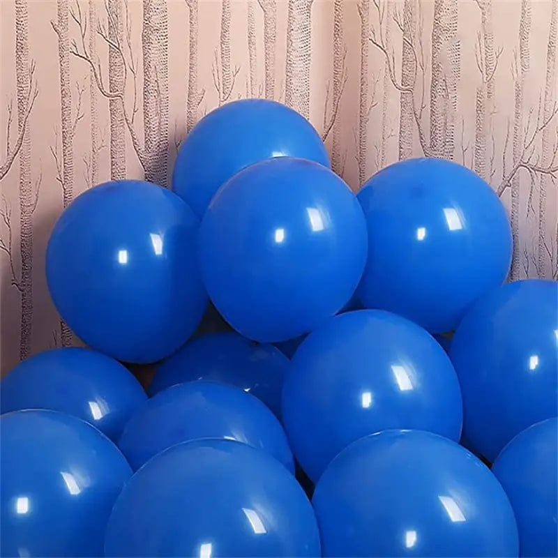 Blue 10 inch balloons in corner of room