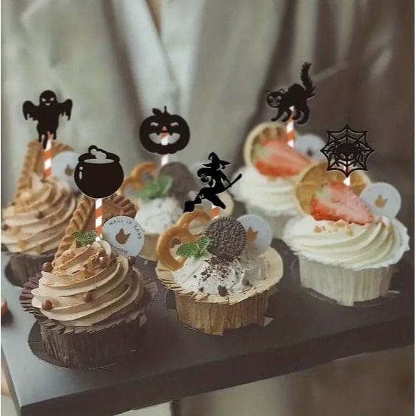 6 Halloween cutout Cake toppers with orange and white stick in cupcake