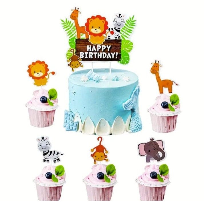 jungle themed cake decorations on cupcakes and on cake