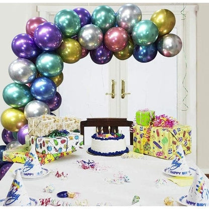 Metallic balloon arch with birthday gifts underneath