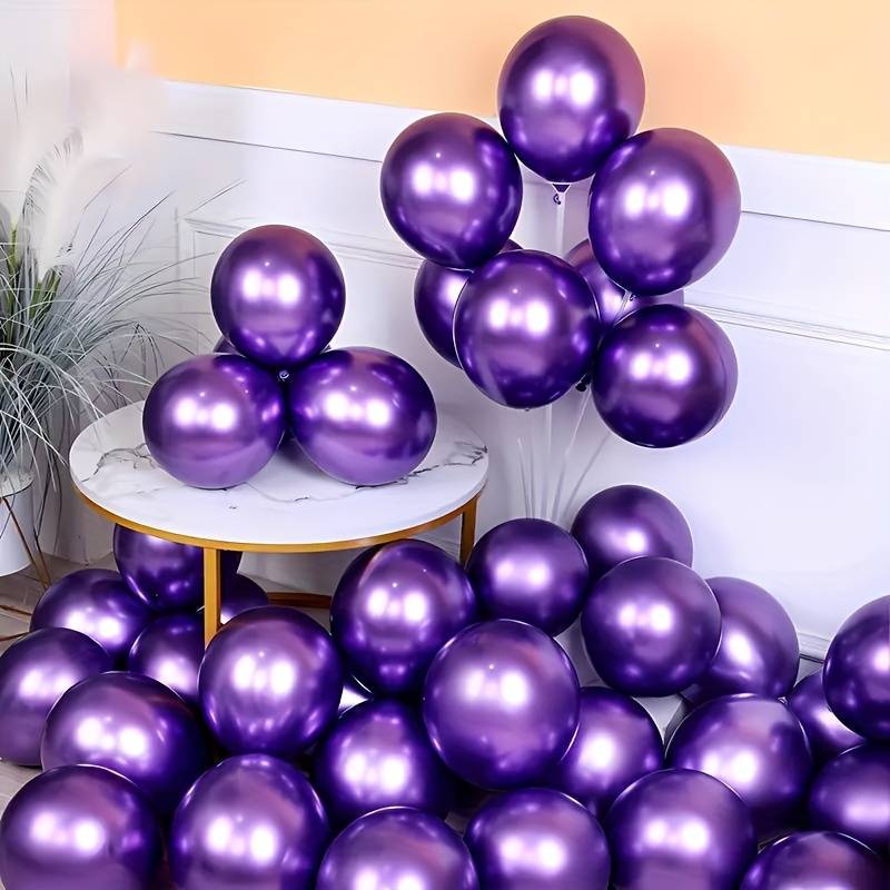 purple metallic balloons in corner of room