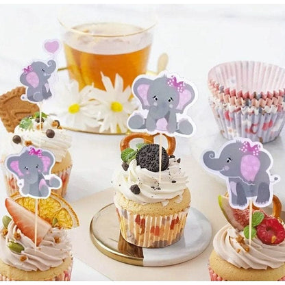 4 baby girl elephants on cupcakes