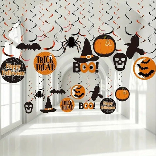 30pcs Halloween Hanging Swirls: Witch, Bat, Pumpkin, Ghost, Spider Foil Swirls!