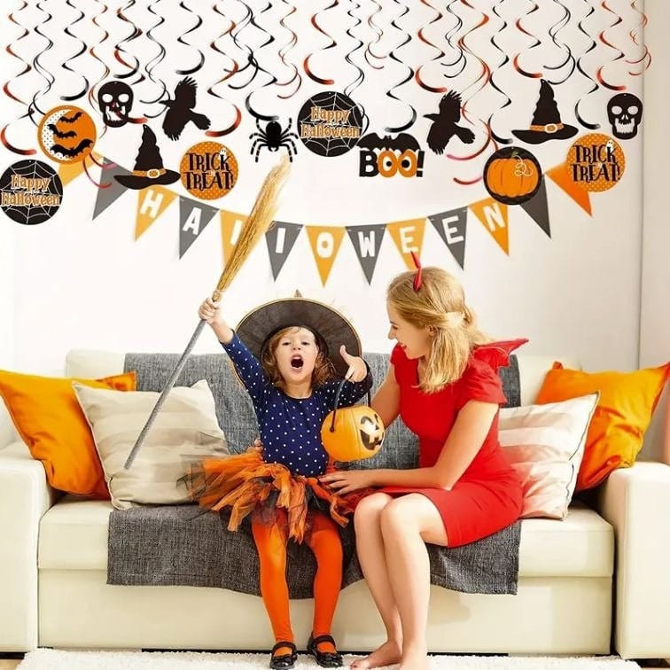 30pcs Halloween Hanging Swirls: Witch, Bat, Pumpkin, Ghost, Spider Foil Swirls!