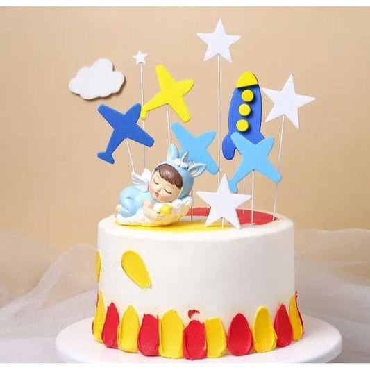 3pcs Birthday Cake Topper: Airplane and spaceship Decor