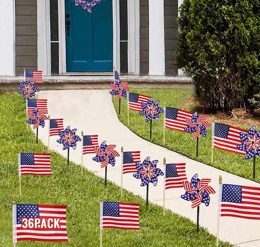 4th of July and Memorial Day Decorations - 36 Patriotic Stars and Stripes, Pinwheels & Flags, Small American Flags
