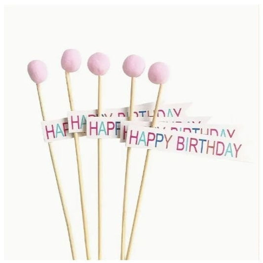 5pcs Pink Felt Ball Happy Birthday Cake Topper