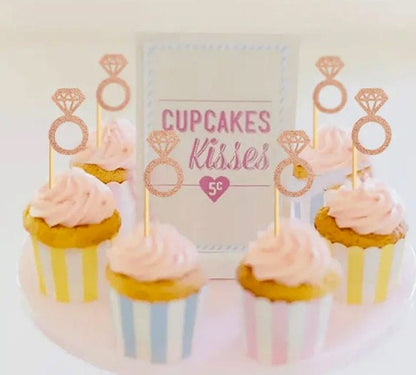 Gold Diamond Ring Cupcake Toppers, Glitter Bridal Shower, Ring Cupcake Picks, Wedding Engagement Anniversary Cake Decorations Supplies