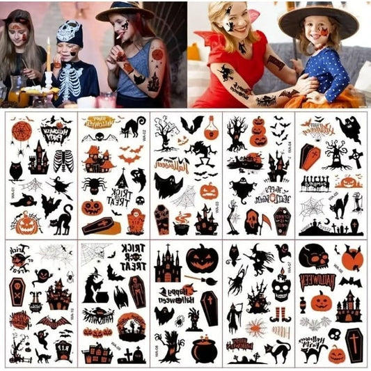 Halloween Tattoo Magic: 10 Sheets of Waterproof Stickers for Pumpkin, Ghost, and Monster Fun. Transform Your Look!