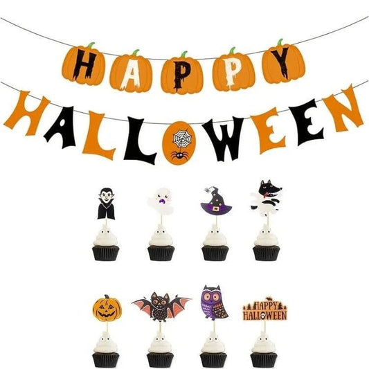 Happy Halloween Letter Pull Flag Set with Bat Pumpkin Cake Toppers. Elevate Your Celebration!