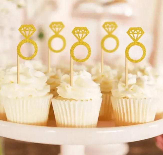 Rose Gold Diamond Ring Cupcake Toppers, Glitter Bridal Shower, Ring Cupcake Picks, Wedding Engagement Anniversary Cake Decorations Supplies