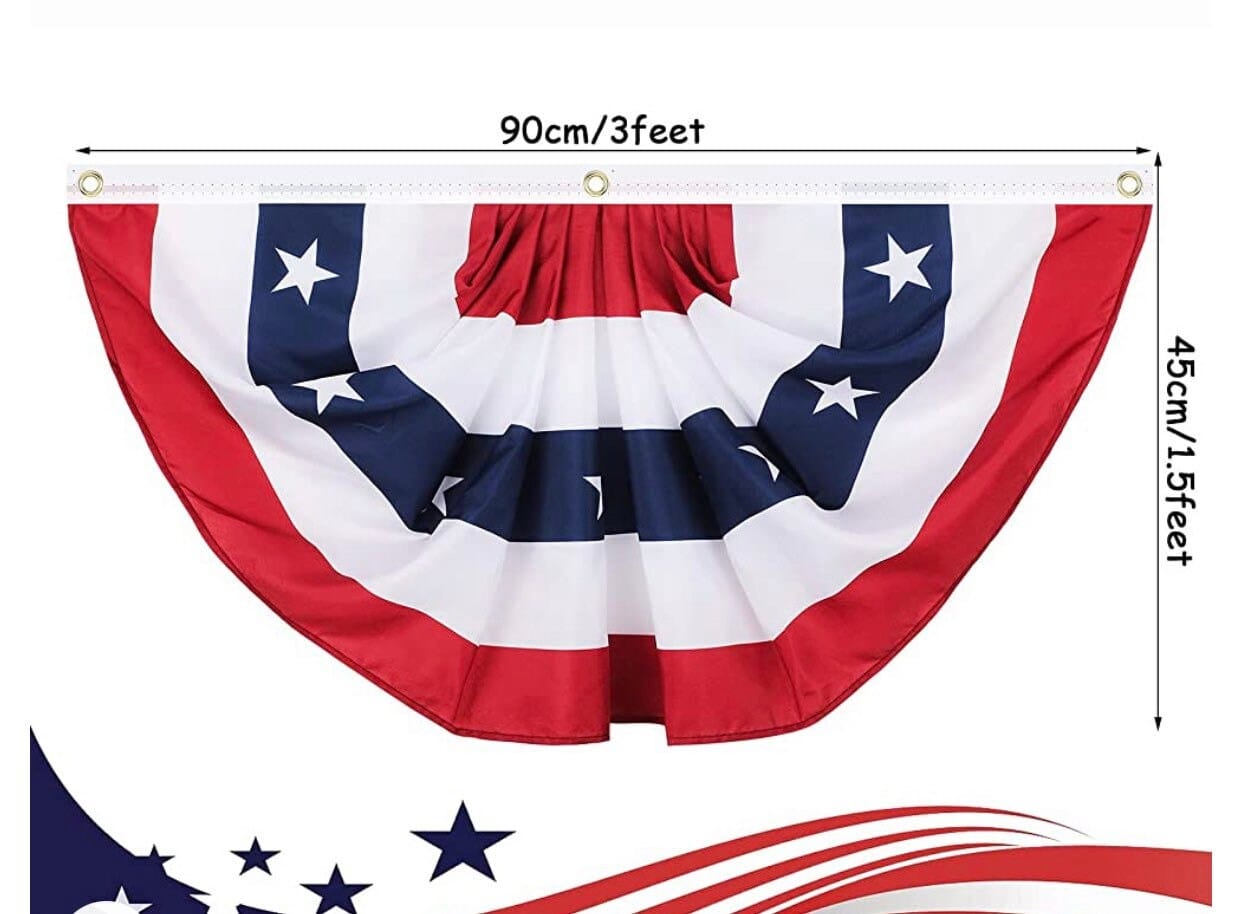 USA Patriotic Pleated Fan Flag, 1.5' x 3'. Labor Day & Fourth of July decorations. Bunting Flag, Half Fan Banner Flag, Stars Stripes