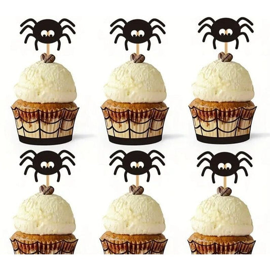 6 Halloween cupcakes with Spider cake insert on top of cake 