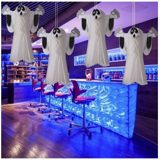 4 white ghosts hanging in a bar