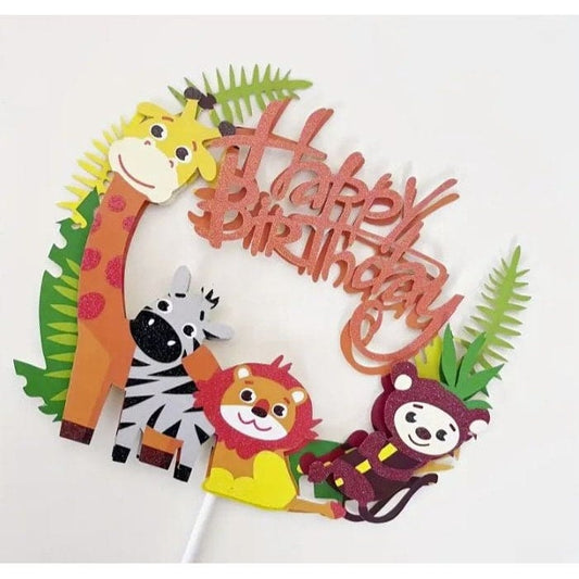 image of jungle themed happy birthday cake topper