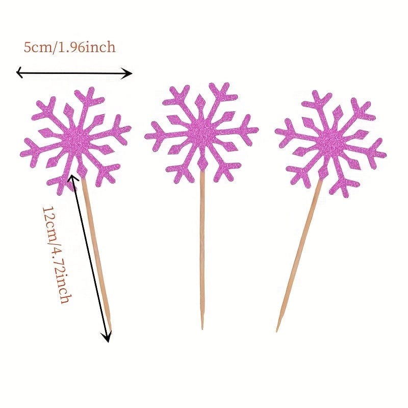 3 purple snowflakes on picks with the sizes