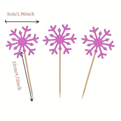 3 purple snowflakes on picks with the sizes