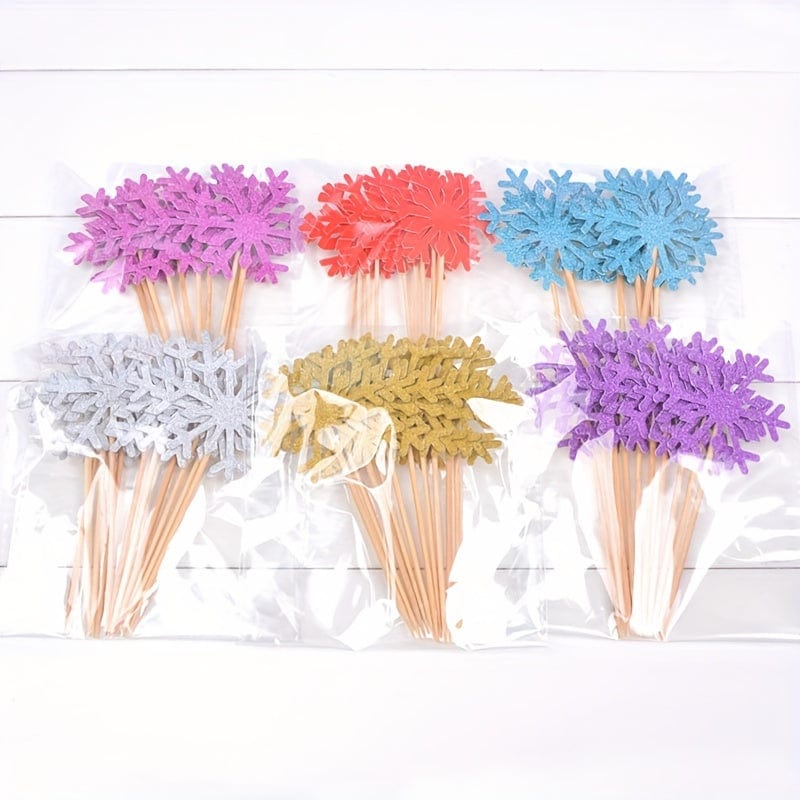 Blue, red, silver, pink, yellow and purple snowflakes on picks  in bunches of 10