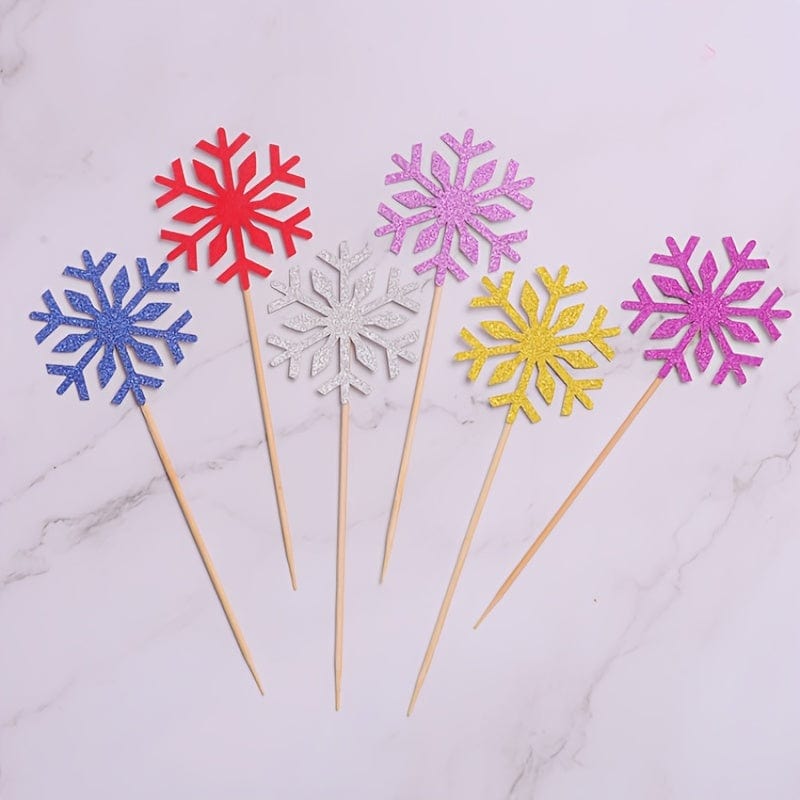 Blue, red, silver, pink, yellow and purple snowflakes on picks 