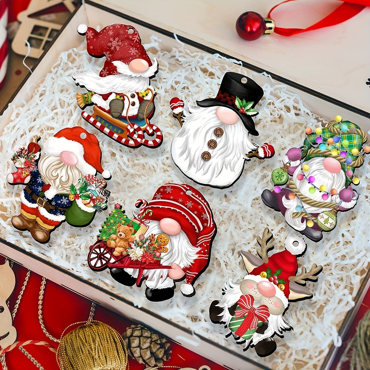 6 Wooden christmas gnome ornaments in box