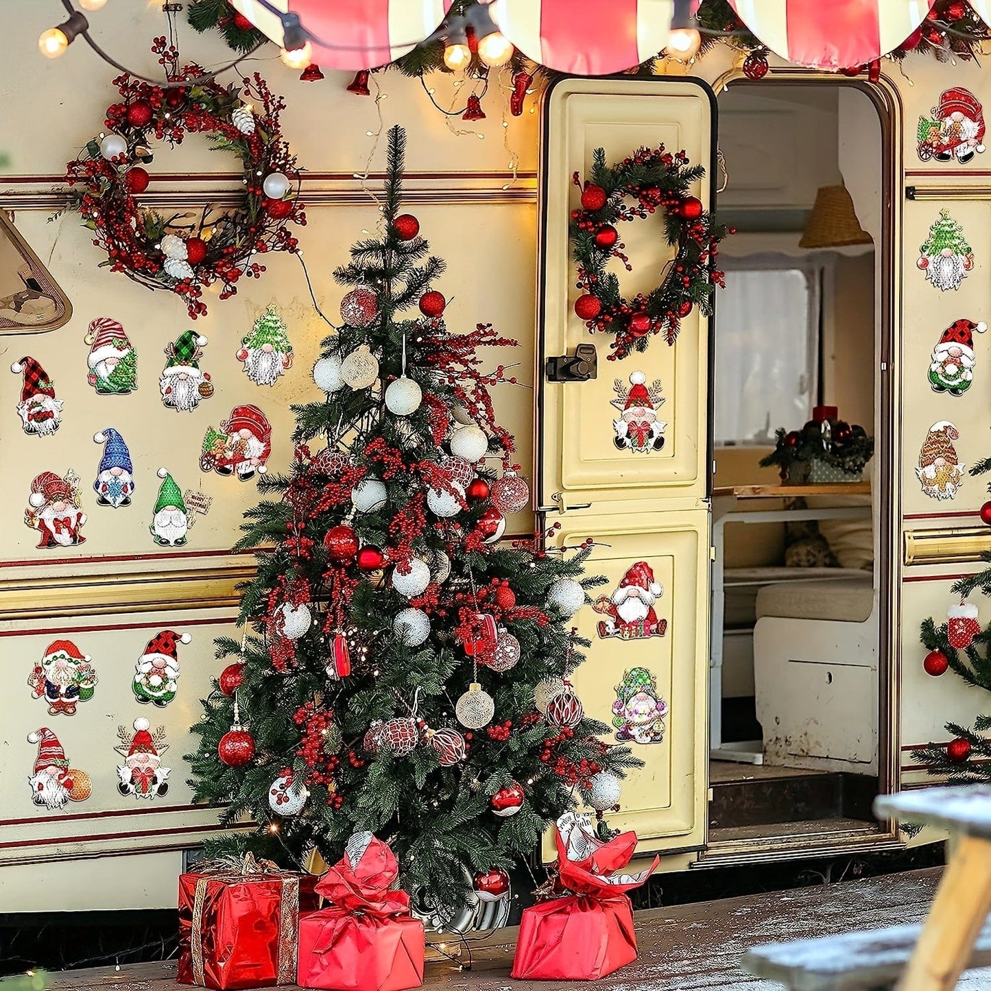 Wooden christmas gnome ornaments on trailer door