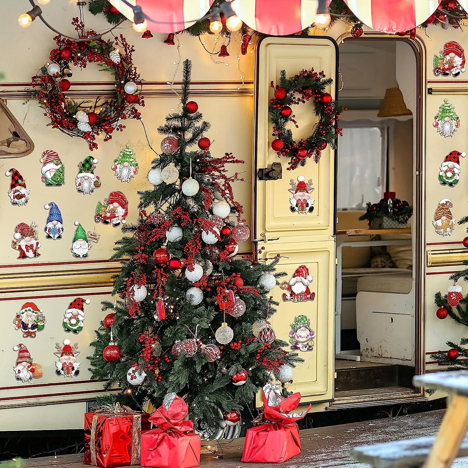 Wooden christmas gnome ornaments on trailer door