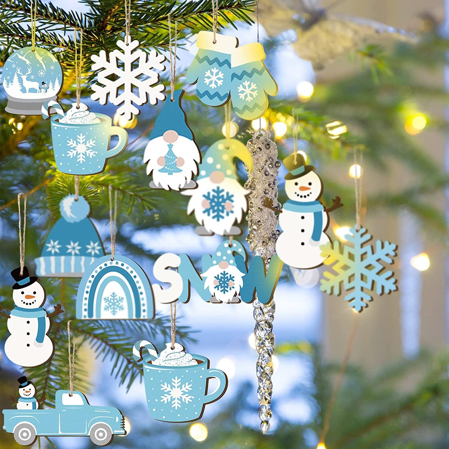 12pcs Christmas Winter Snowman Wooden Hanging Ornaments hanging on tree
