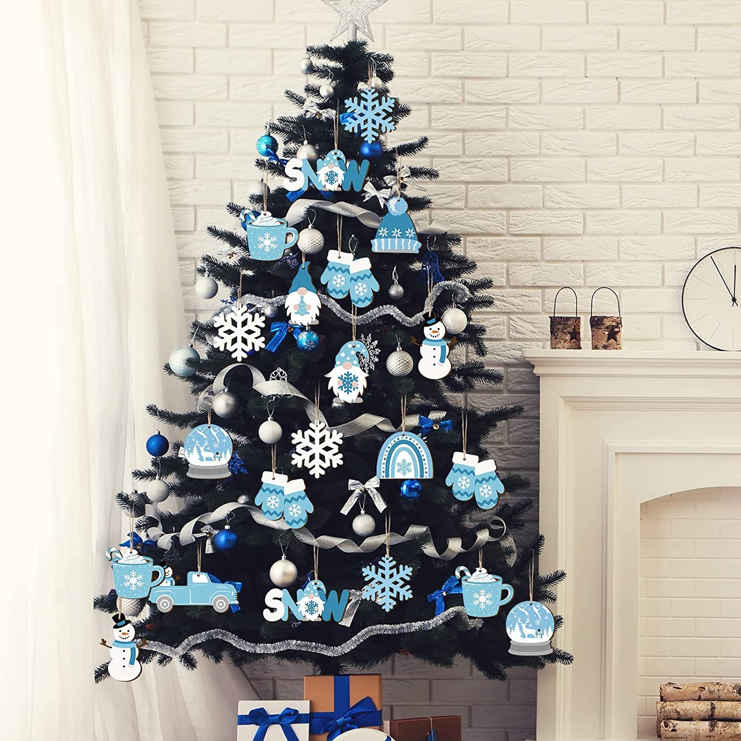 12pcs Christmas Winter Snowman Wooden Hanging Ornaments on christmas tree