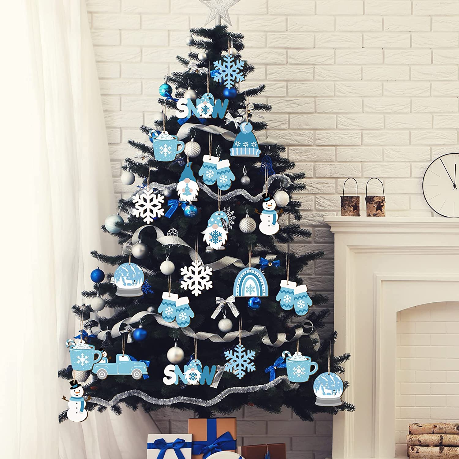 12pcs Christmas Winter Snowman Wooden Hanging Ornaments on christmas tree