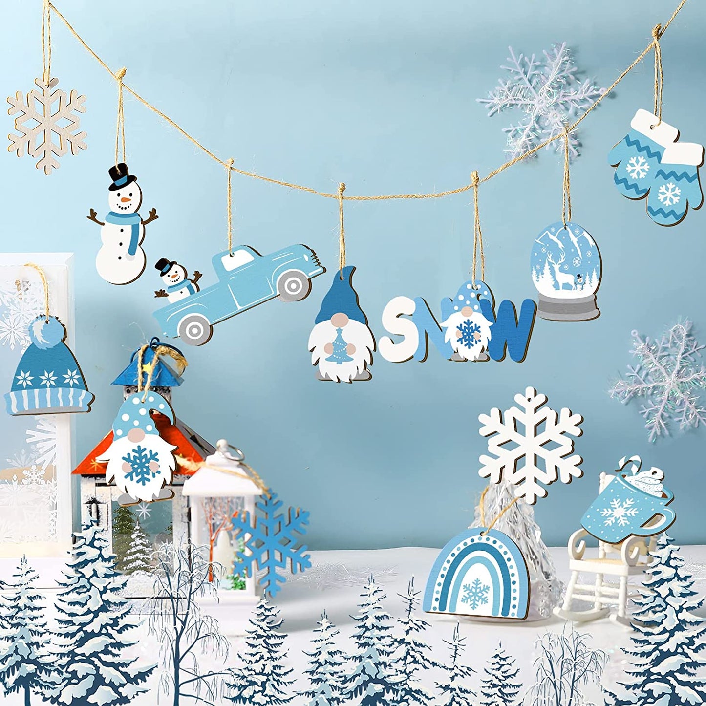 12pcs Christmas Winter Snowman Wooden Hanging Ornaments hanging over table