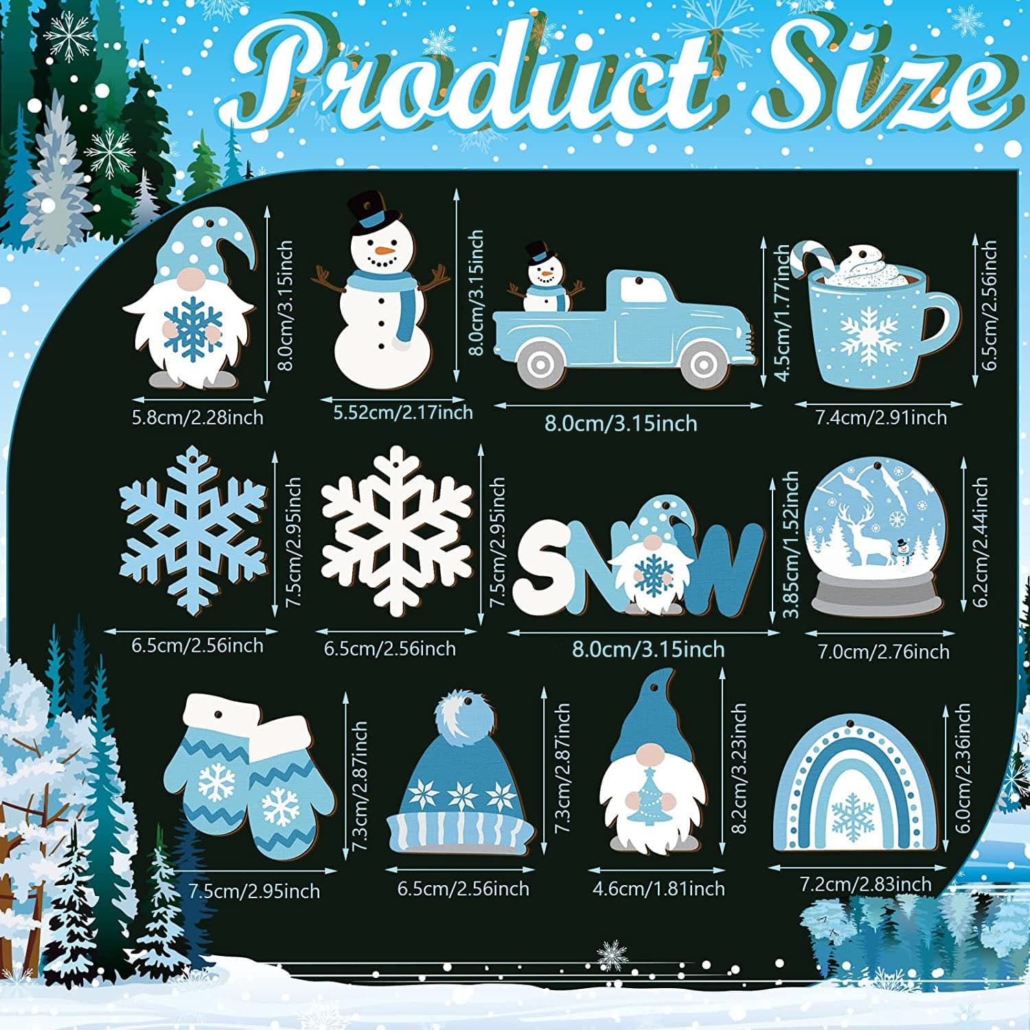 12pcs Christmas Winter Snowman Wooden Hanging Ornament size