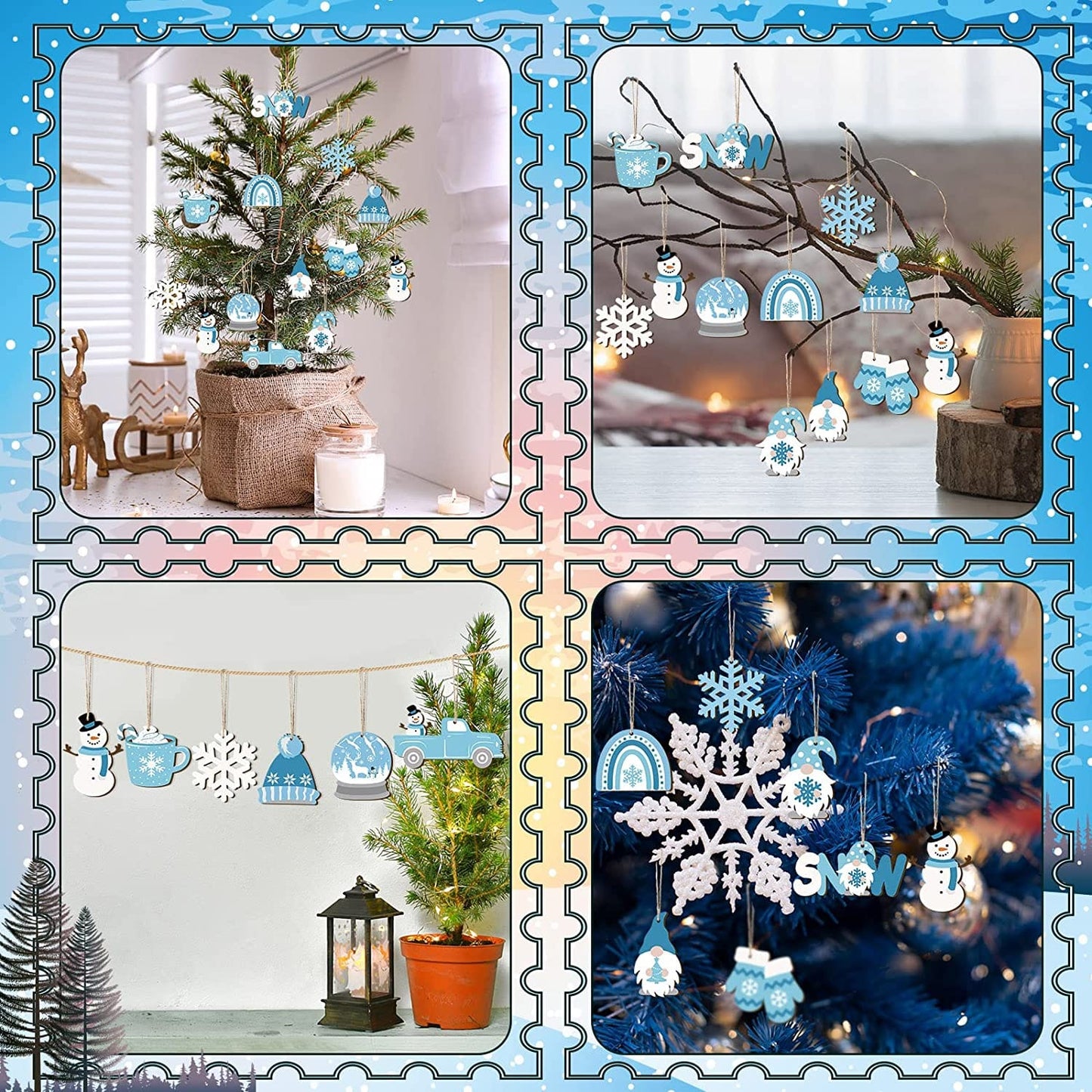 4 examples of Christmas Winter Snowman Wooden Hanging Ornaments