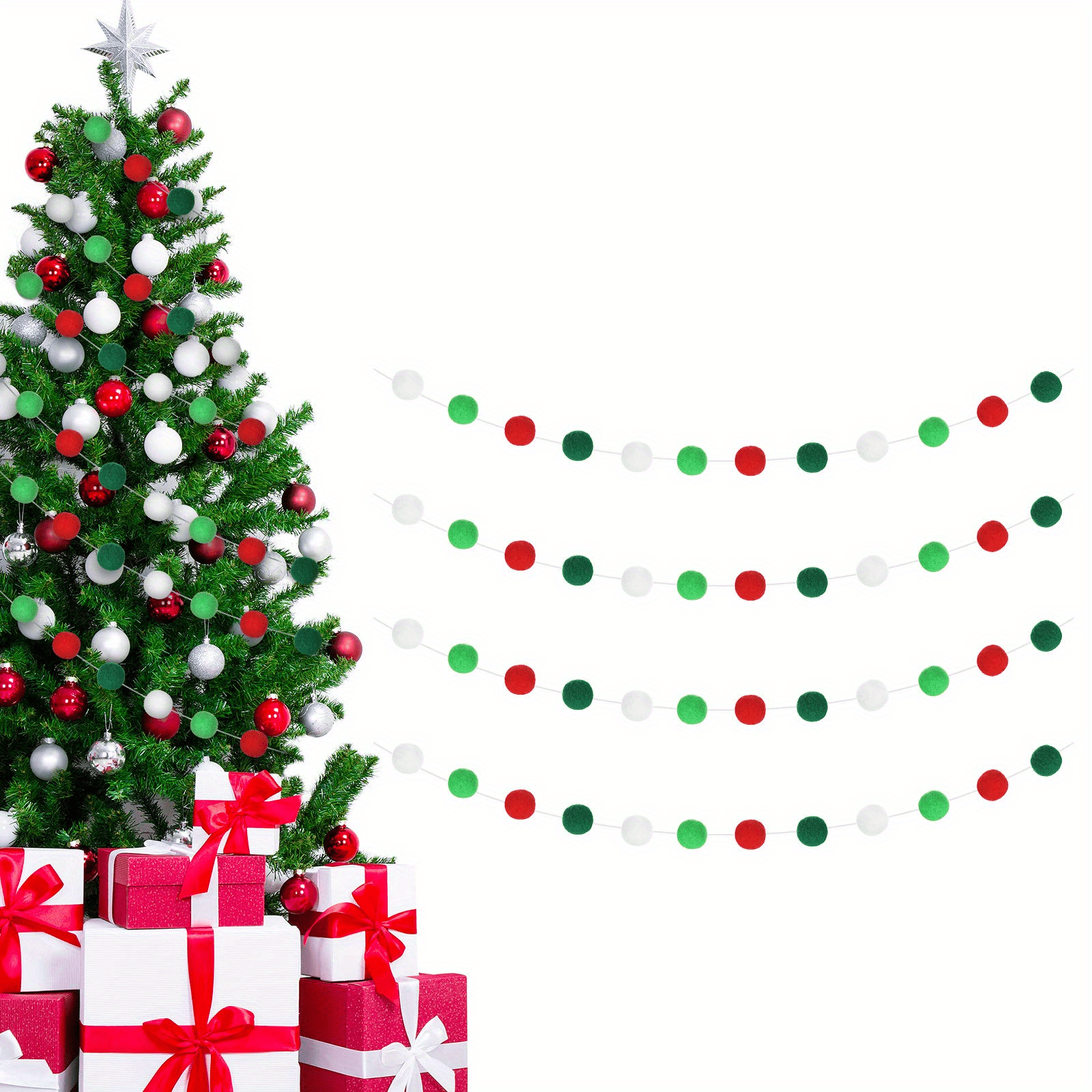 red white and green felt ball string on Christmas tree