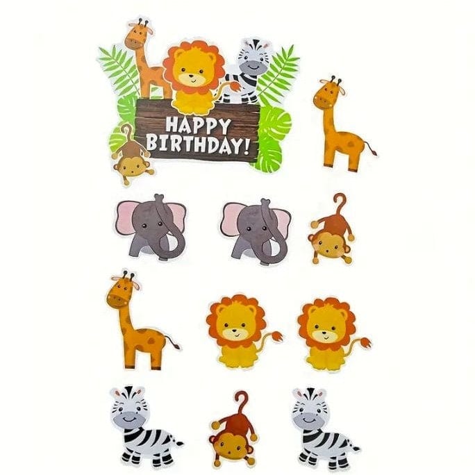 jungle themed cake decorations on white backdrop