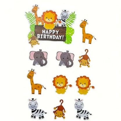 jungle themed cake decorations on white backdrop