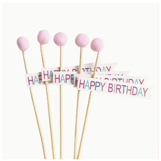 5pcs Pink Felt Ball Happy Birthday Cake Topper