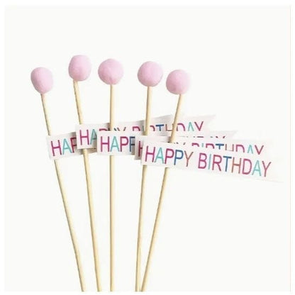 5pcs Pink Felt Ball Happy Birthday Cake Topper