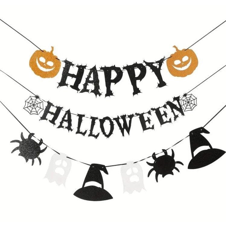 Black Glitter Pull Flag with Ghost, Pumpkin, and Spider Elements. Transform Your Space!