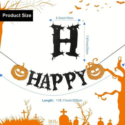 Black Glitter Pull Flag with Ghost, Pumpkin, and Spider Elements. Transform Your Space!