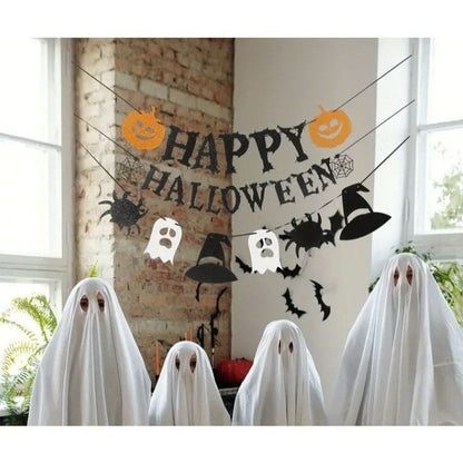 Black Glitter Pull Flag with Ghost, Pumpkin, and Spider Elements. Transform Your Space!
