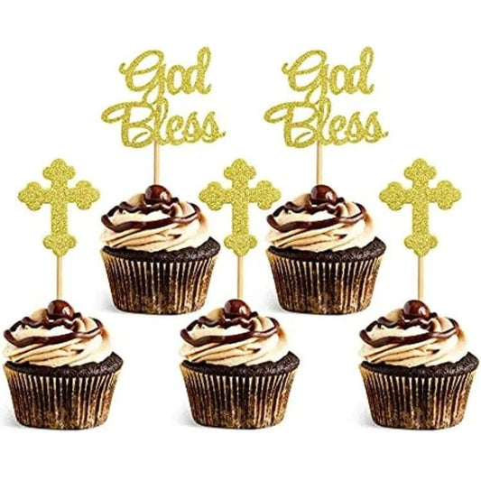 Golden Glitter Divine Cross Cupcake Inserts: Elevate Sacred Moments!
