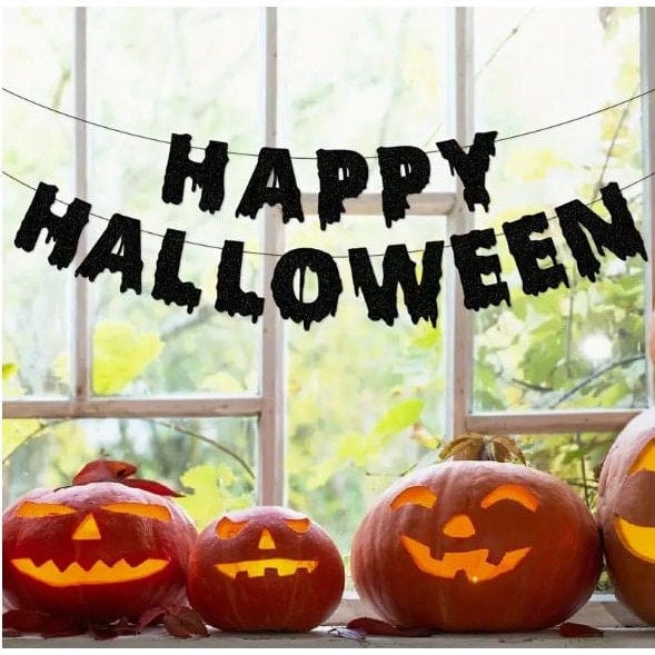 Hanging Decorations with Ghosts, Bats, Pumpkins, Skulls, and Happy Halloween!