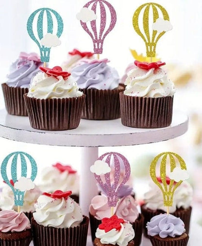 Hot Air Balloon with clouds Cake Toppers, Baby Shower Cupcake Toppers, Birthday, Travel Theme Party Cupcake Decor, Cake Decor Supplies