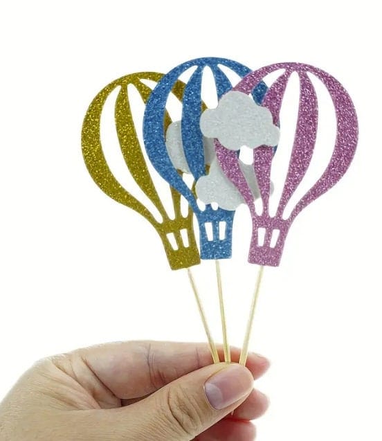 Hot Air Balloon with clouds Cake Toppers, Baby Shower Cupcake Toppers, Birthday, Travel Theme Party Cupcake Decor, Cake Decor Supplies